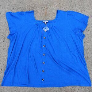 Woman Within 4XL Royal Blue Square Neck Button Front Blouse Top NWT